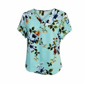 Aqua Blue Boho Hippie Blouse Med Vintage Inspired Floral Top Flowy Cottagecore